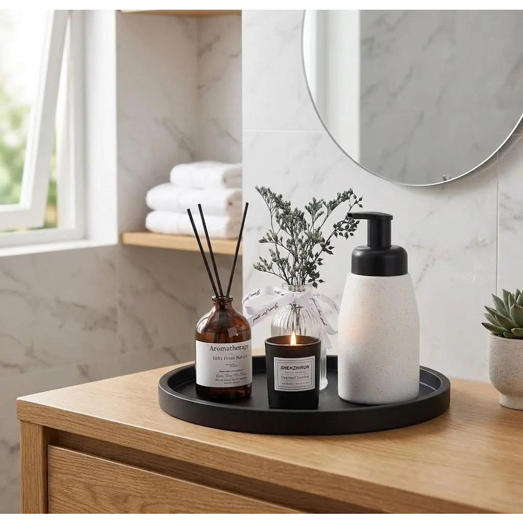 HUOMAQFAN 11-In Round Waterproof Silicone Countertop Tray, Modern Easy-Clean Bathroom Vanity Organizer & Accessories, Traditional Marble-Wood Decor Accent for Bath Storage Solutions (Black), Minimalist