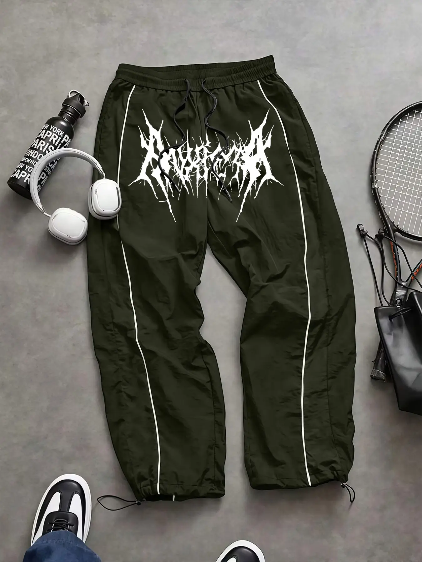 Men's Print Casual Outdoor Pants, Casual Comfy Sporty, Activewear Bottoms, Gymwear, Waist Drawstring, Elastic Cuff Design, Nylon Fabric, Lightweight Comfort