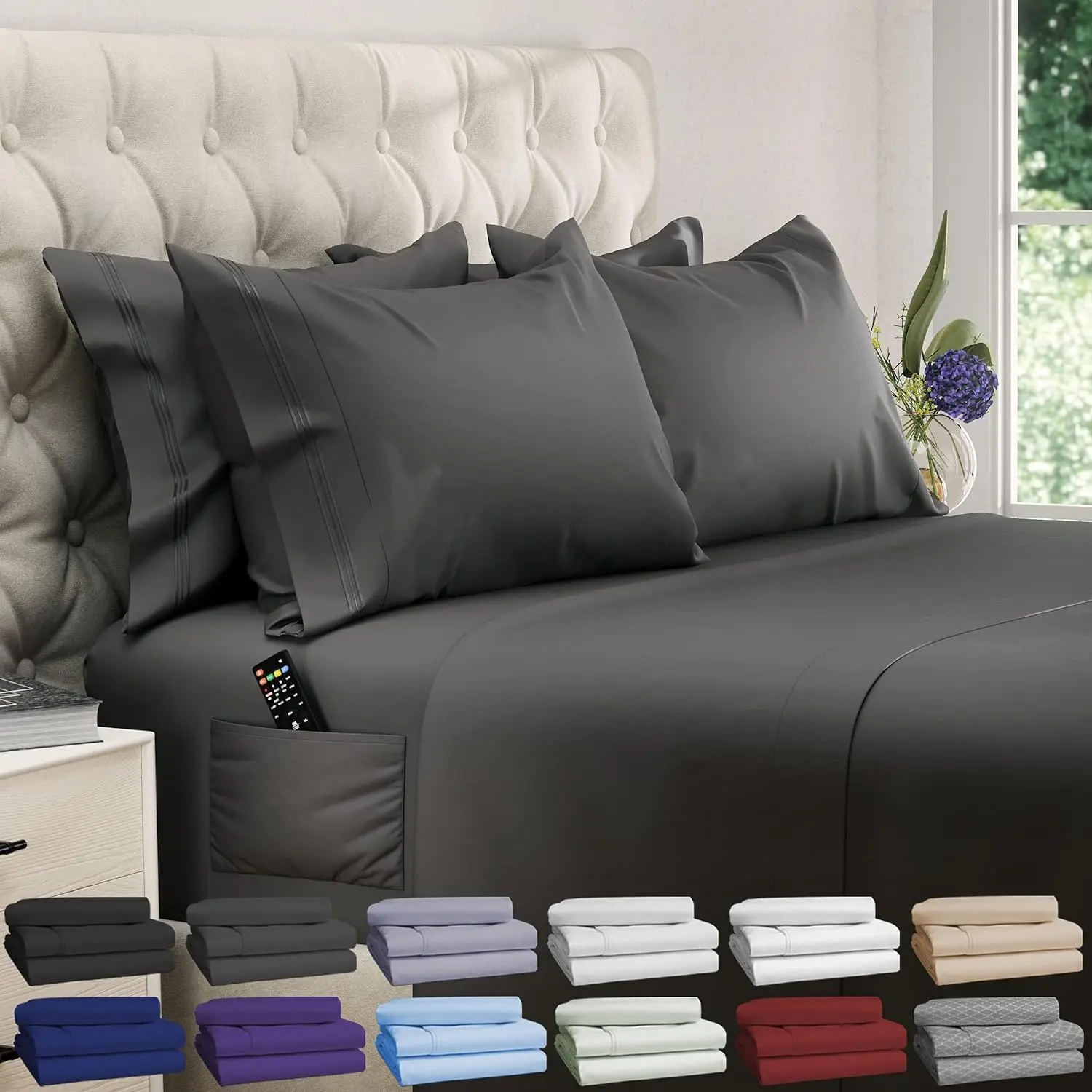 King Size Sheets Set - 6 pcs Breathable Cooling Bed Sheets - up to 21" Deep King Sheet Set with Side Pockets - Soft 100% Brushed Hypoallergenic Hotel Luxury Bedding - Gray| up to 21" Deep King Sheet Set with Side Pockets - Soft 100% Brushed Hotel Luxury B