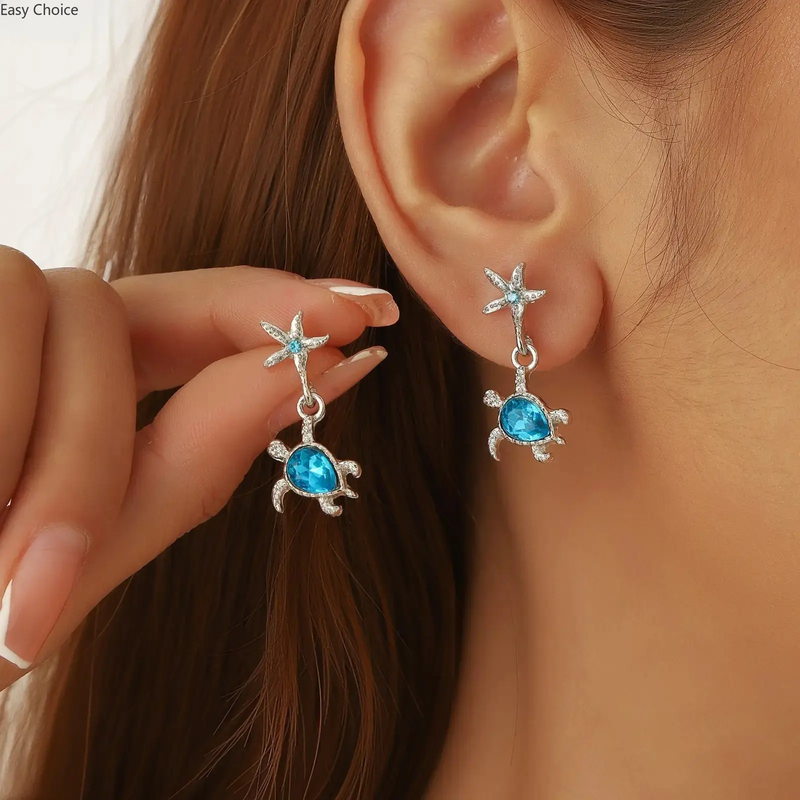 Women Starfish & Blue Sea Turtle Stud Earrings Set, Fresh Simple Ocean Theme Jewelry, Versatile Summer Beach Earrings, Cute Sea Animal Studs, Fashion Accessory For Outdoor, Beach Vacation Daily Wear