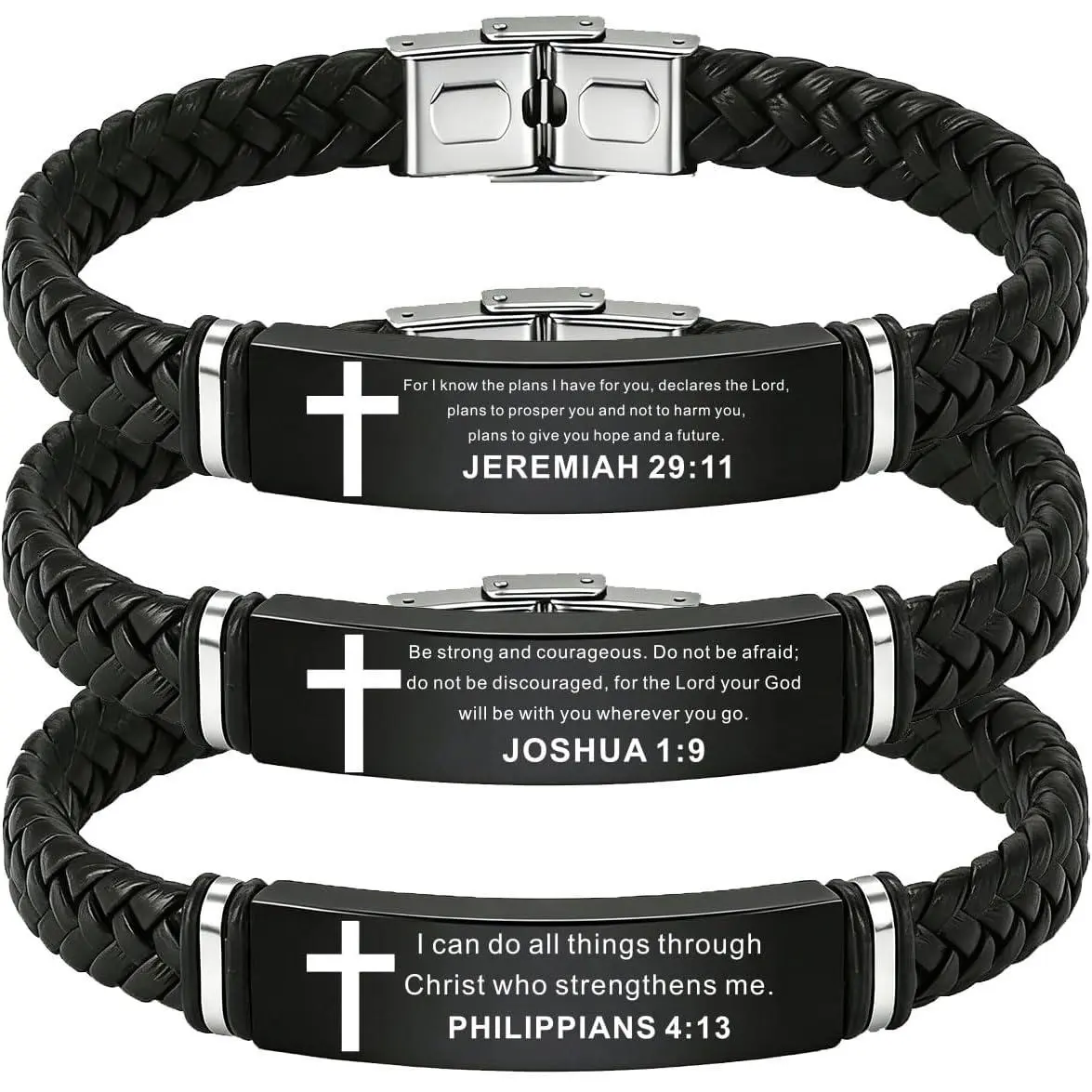 3Pcs Adjustable Christian leather Bracelets, WWJD Bracelet for Men