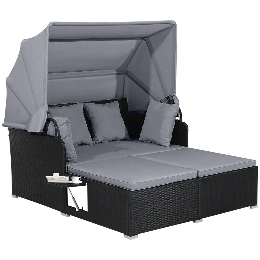 Rattan Daybed Lounge W/ Retractable Top Canopy Side Tables Cushions Gray