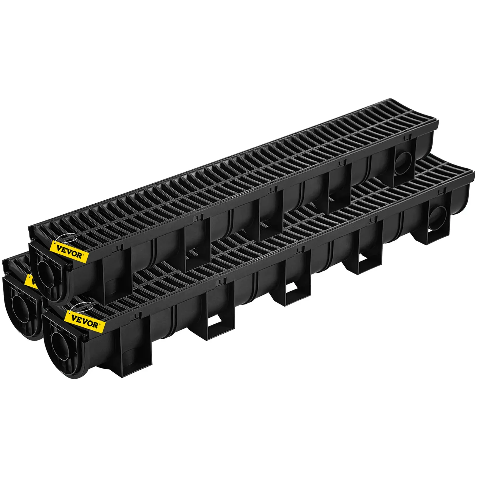 Trench Drain System, 5.8x5.2x39.4-Inch HDPE Drainage Trench, Channel Drain with Plastic Grate, Black Plastic Garage Floor Drain, 3x39 Trench Drain Grate, with 3 End Caps, for Garden, Driveway-3 Pack