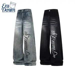 Men's Baggy Wide Leg Jeans, Vintage Washed Denim Pants with "in Paradise Life" Letter Print, Y2K Hip Hop Streetwear Casual Pants for Men