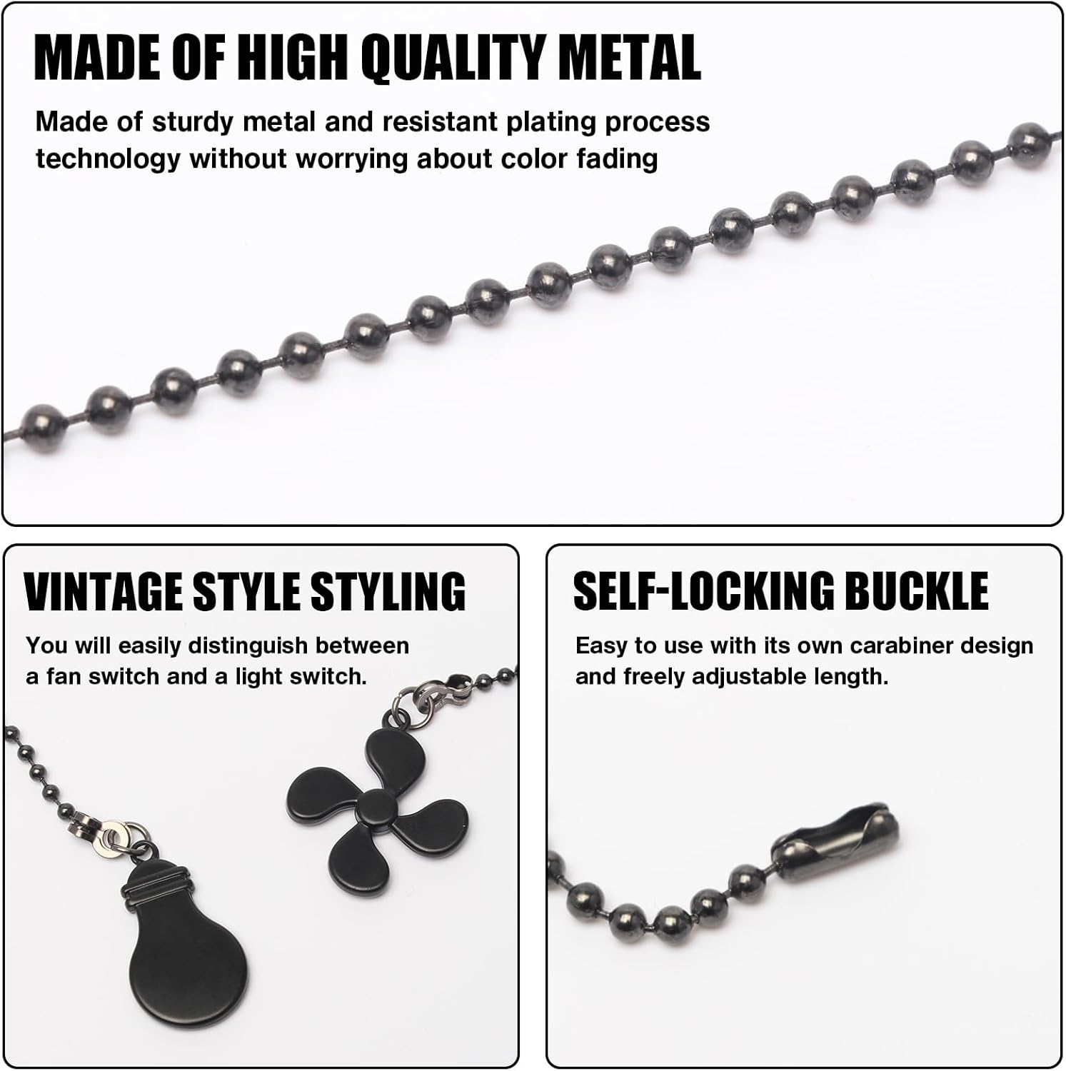 2 count Ceiling Fan Pull Chain Extender, 12 Inch Ceiling Fan Chain Pulls, Fan Pull Chain Extension with Fan and Bulb Ornaments, Pull Chains for Ceiling Fans and Lights, Black