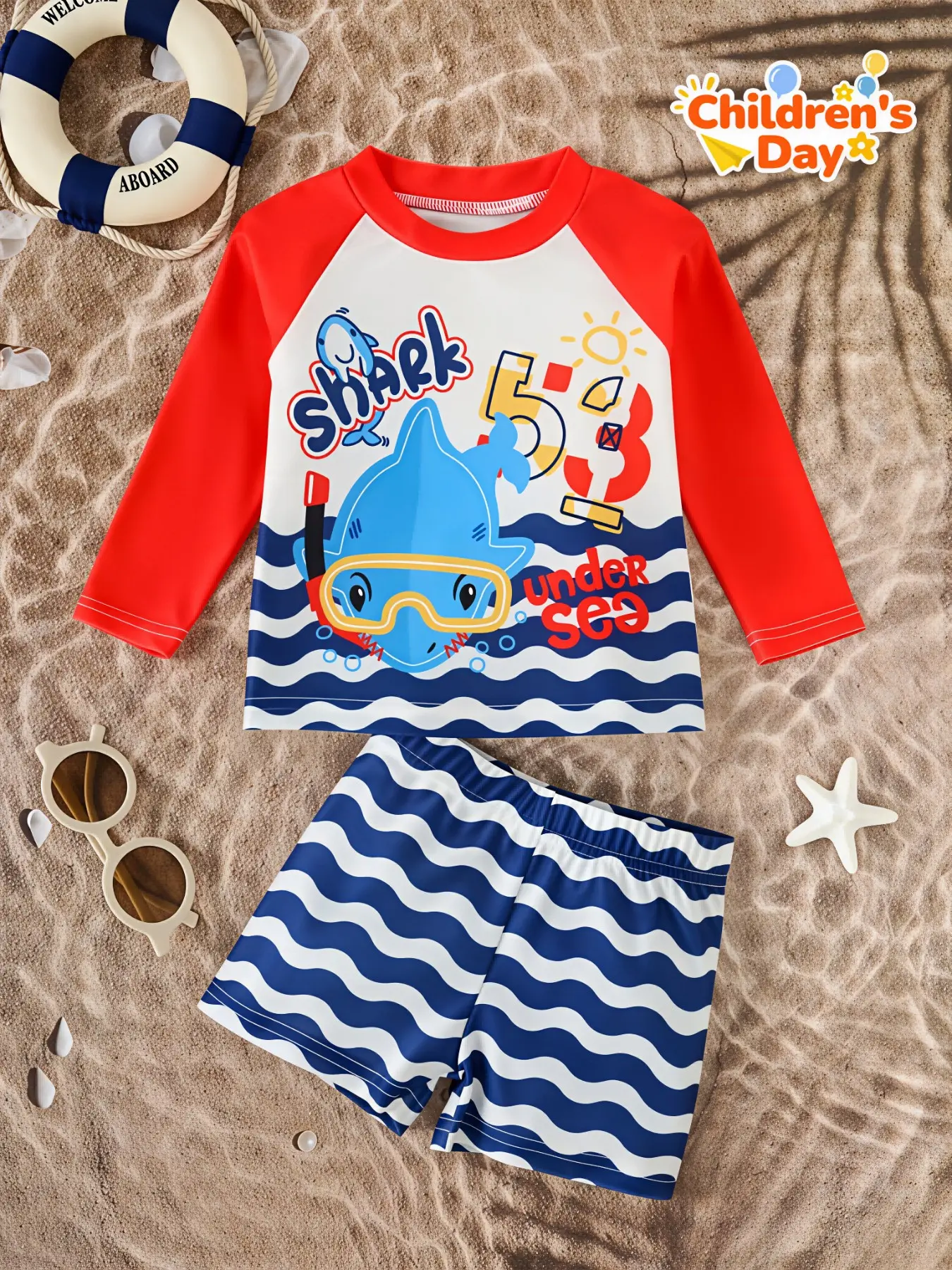 Cartoon Snorkel Shark Boys Split Swimwear, Skin Friendly Comfort Sun Safe Bathing Suit, Seaside Trip Rash Guard Set, Trending Marine Beach Outfit