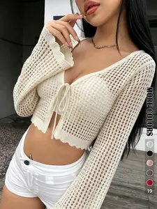 Women's Plain Hollow Out Tie Front Crop Cardigan, Casual Chic Flounce Sleeve V Neck Cover Up Knitwear for Spring & Fall, Summer Outfits 2024, Women's Knit Clothing for Daily Wear