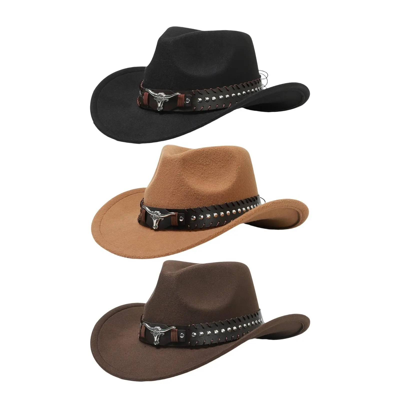 Men's Western Felt Cowboy Hat with Wide Brim and Bull Head Rivet Belt, Warm Headwear for Autumn Parties & Outdoor Events, Men's Hats, Fashionable Hats, Rodeo Outfit Inspo