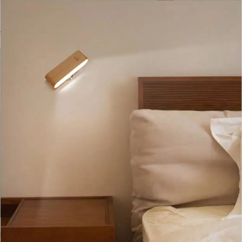 Wooden USB Rechargeable LED Wall Light, 360 Degree Rotation, Touch Dimmable, Battery Powered, Ideal for Home Decor