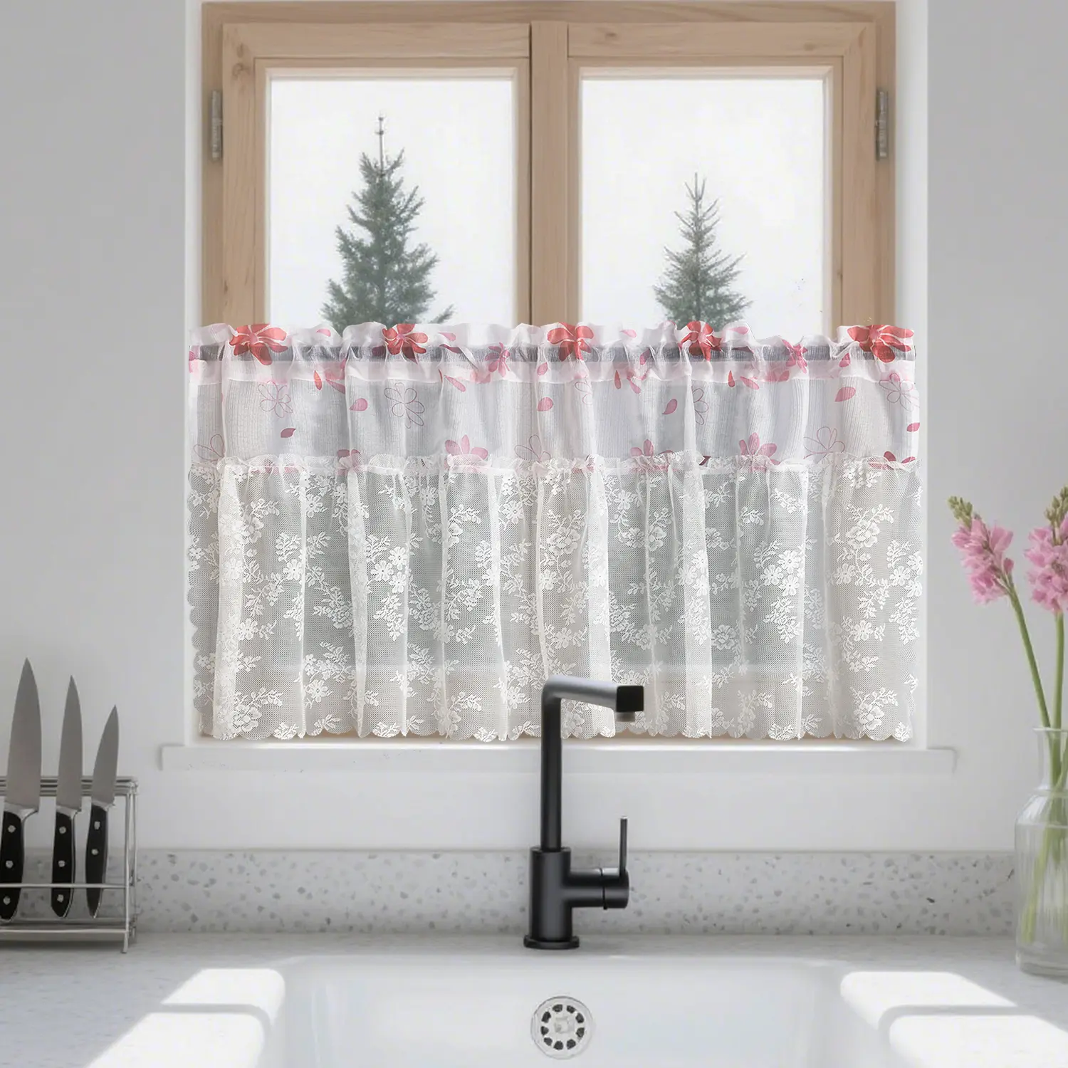 Vintage lace kitchen curtain, 1-piece set, lace cafe-style curtain above the sink, elegant short curtain