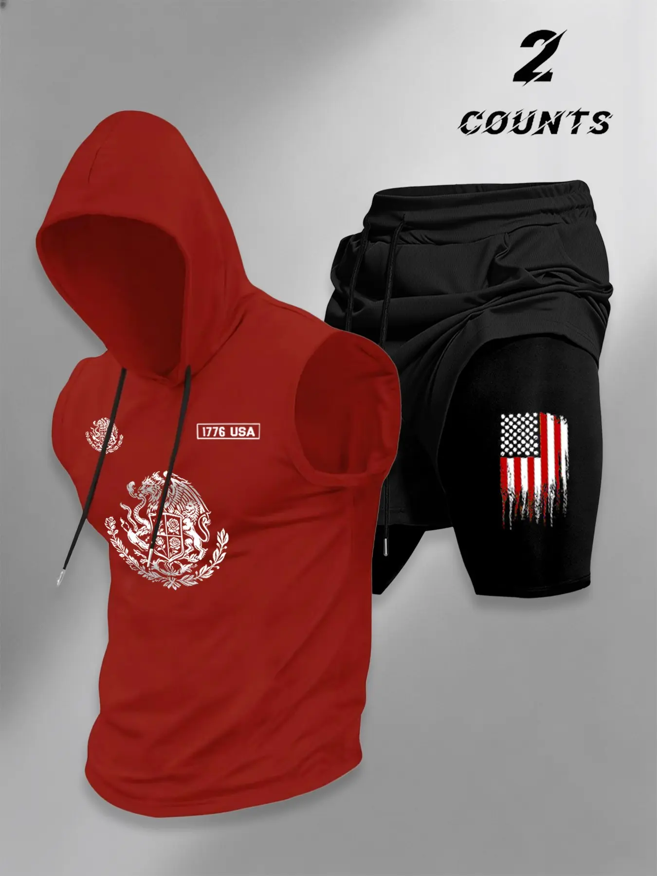 Men's Us Flag Print Hooded Vest and Shorts Set, Quick-Dry Military Style, Casual Loose-Fit, Short Sleeve, Knee-Length, Two-Piece, Outdoor Sports Athletic