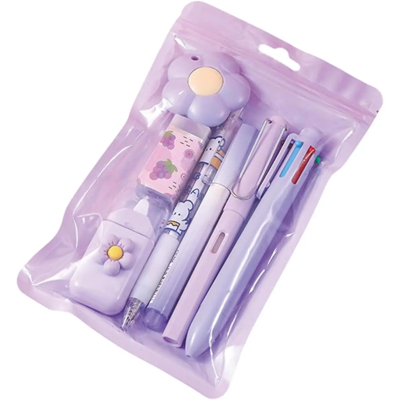 Cute Purple Stationery Set with 7 Pcs Kawaii School Supplies - Ballpoint Pens, Pencil Sharpener, Highlighter, Correction Tape, Ruler, Utility Knife for Office and Classroom (Purple)Gift