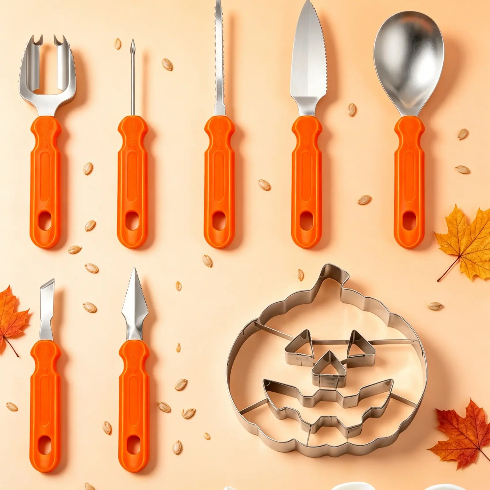 8-Piece Pumpkin Carving Kit, Includes 7 Stainless Steel Tools & Large Pumpkin Cookie Mold, Multi-Functional DIY Halloween Decor Tool