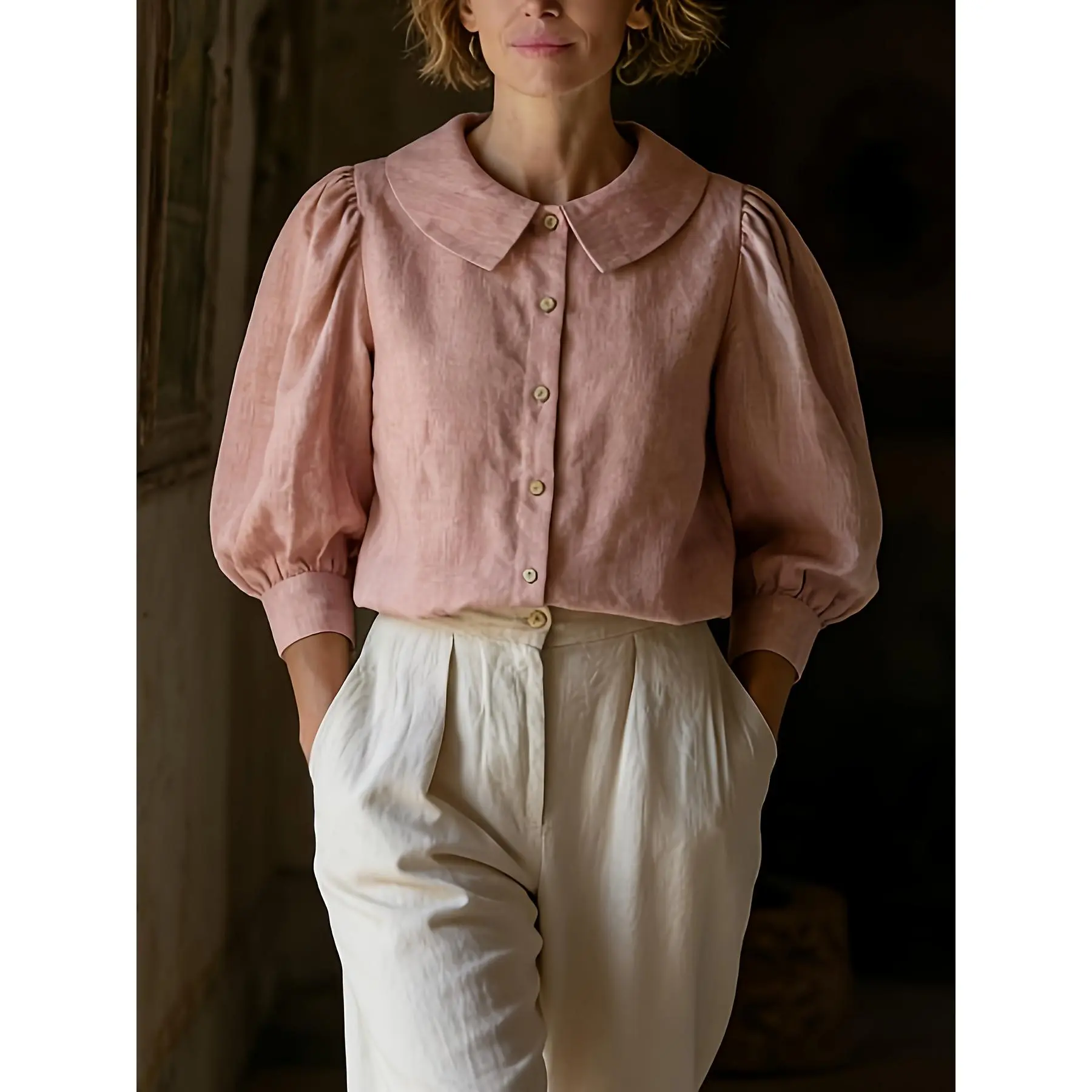 filipiniana,Women'S Gentle Vacation Style Doll Collar Top, Lightweight Comfortable Breathable Puff Sleeve Blouse, Pearl Button Decor Commute Casual Literary Style, Loose Fit, Retro Lantern Sleeve Drape, Everyday Versatile Fashion Summer Top