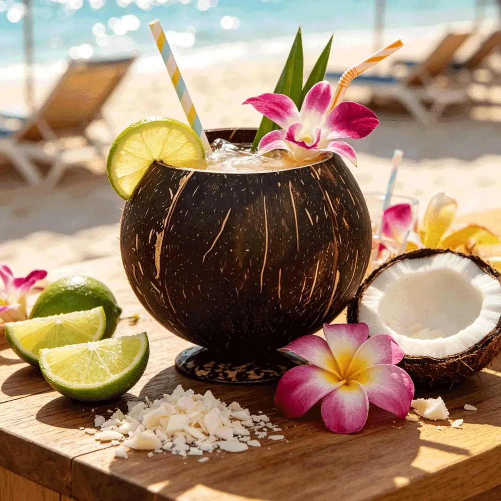 1Pc Natural Handmade Coconut Shell Cup with Base, Tropical Cocktail Glass, Hawaii Beach Party Tiki Drink Cup, Suitable for Smoothies and Juices