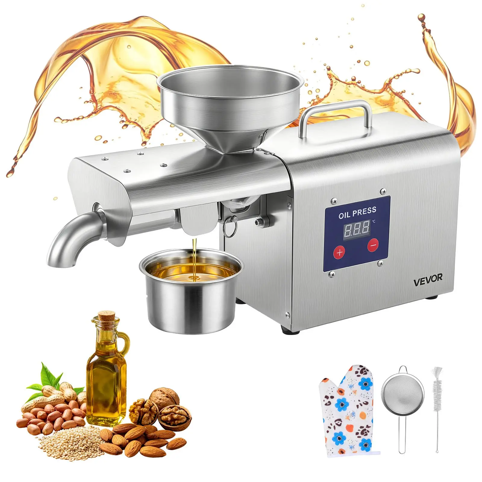 VEVOR Oil Press Machine, 8.27 LBS/H Capacity, 750W Oil Extractor Machine, Automatic Electric Oil Maker for Home Commercial Use, 122℉–572℉ Hot Pressing for Peanuts Sesames Soybeans Almonds