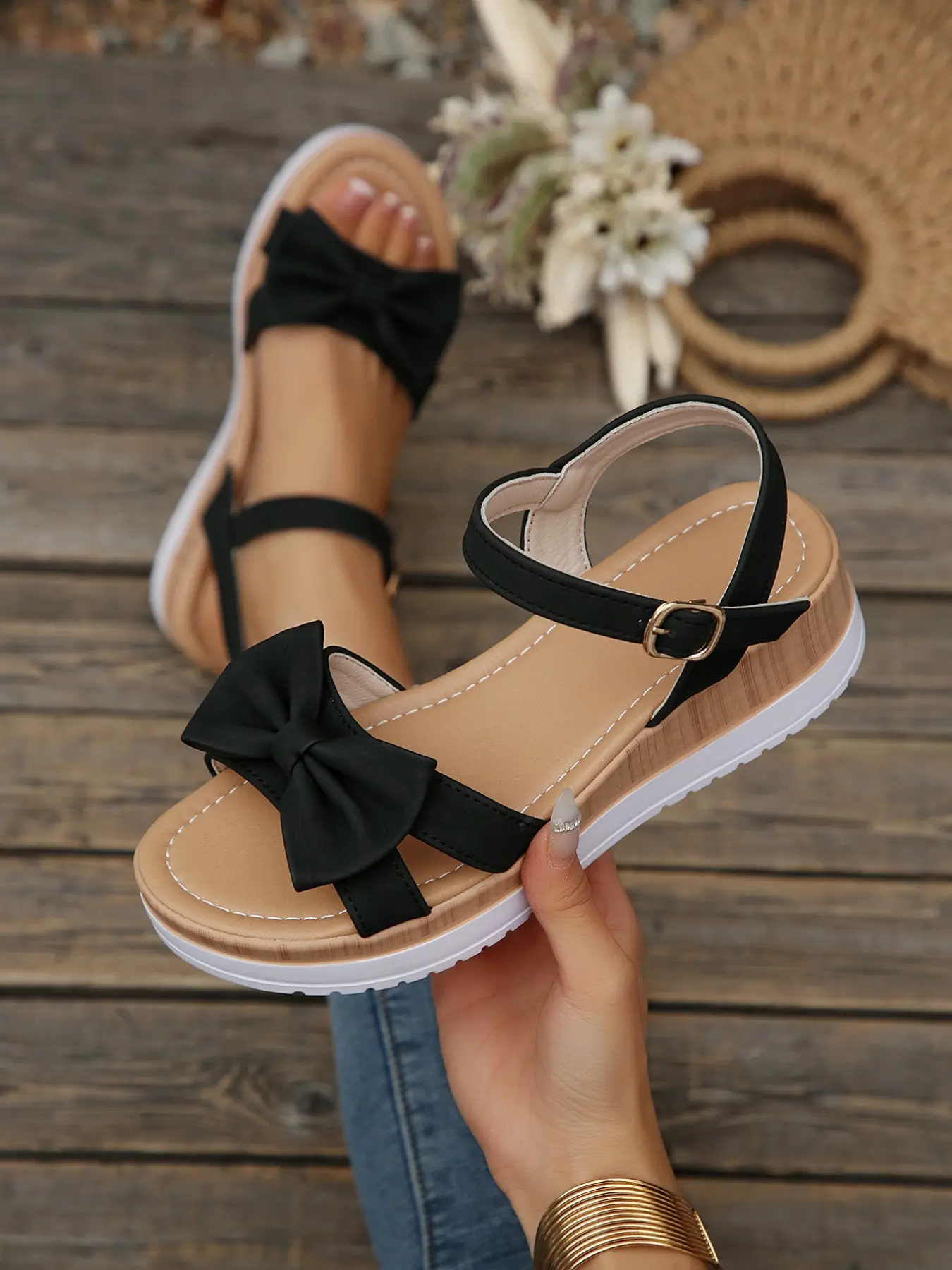 Sweet Butterfly Knot Strap Wedge Sandals for Women, Butterfly Design Wedges, Wood Grain Double Layer Thick Sole, Adjustable Back Strap, Summer Casual Shoes