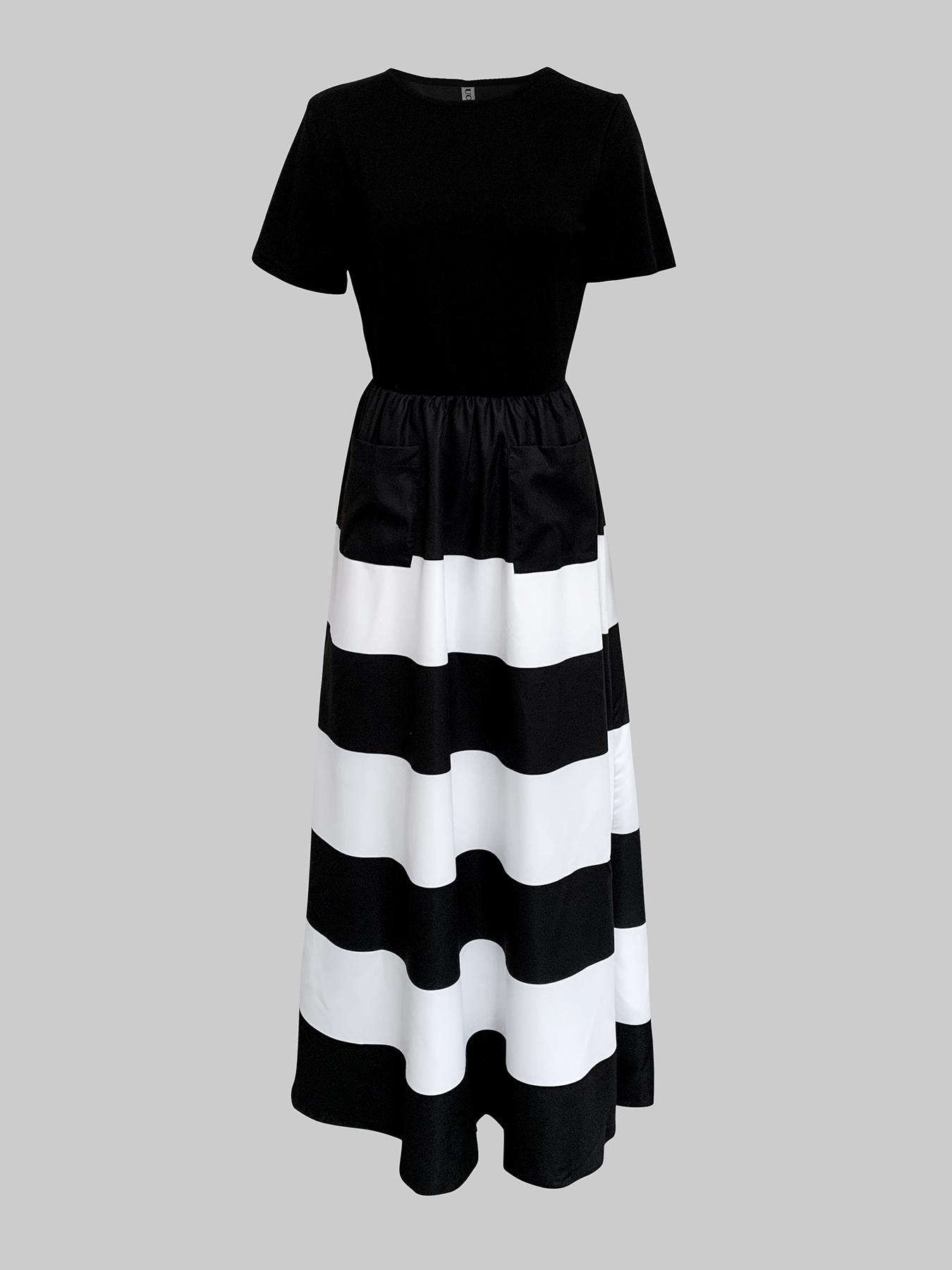 A-Line High-Waisted Striped Dress, Loose-Fitting Short Sleeve Long Dress with Pockets, Casual Summer Fashion, Casual Elegance Chic