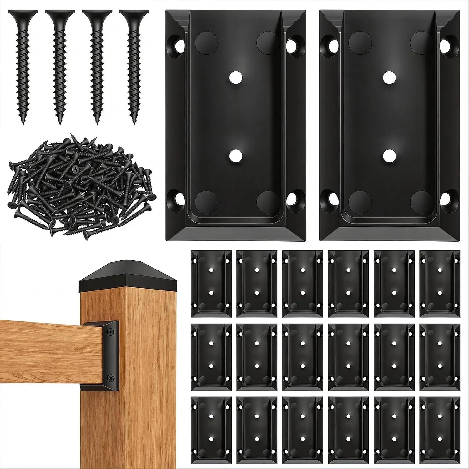 GJANSH 20pcs Deck Railing Brackets Connectors for 2x4 Railing Connectors Wood Adjustable Fence Post Bracket with 120 Screws for Deck Railings Vinyl Porch Handrail Barn and Beam end Connection Installation