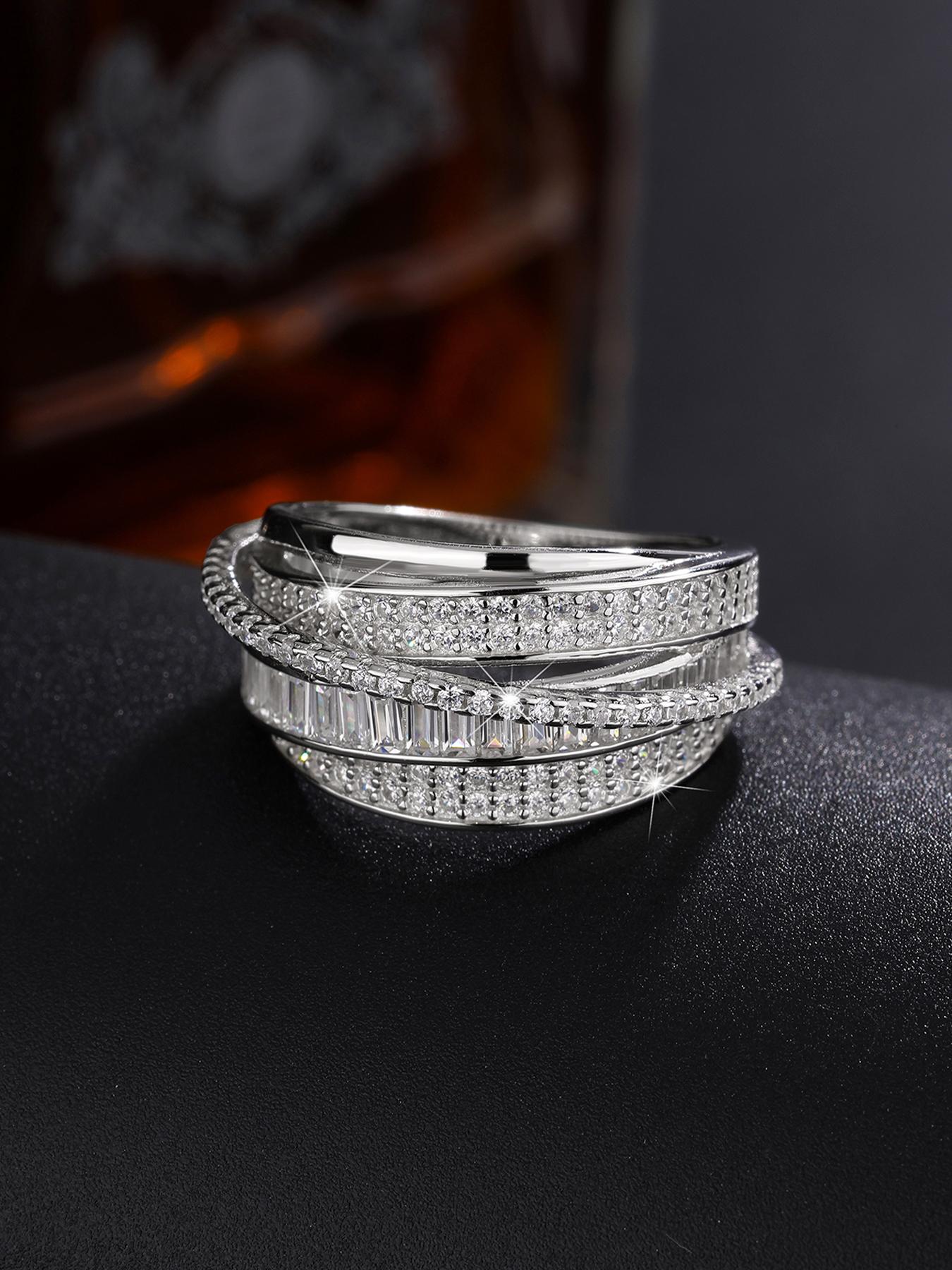 Multi-Layer Artificial Zircon Ring, Stackable Rings, Twisted Design, Unique High-End Style, Low-Key Luxury, Perfect for Dates, Sliver Color