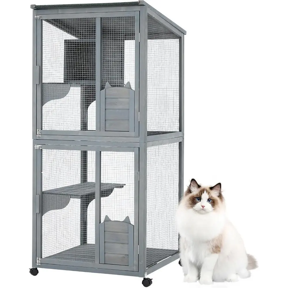 Gaomon 4-Tier Fir Wood Cat Enclosure, 69in Large Catio with Wooden Cabin, Weatherproof Roof, Lockable Casters, Solid Steel, Spacious for Multi-Cat Families, Outdoor/Indoor Use, Grey