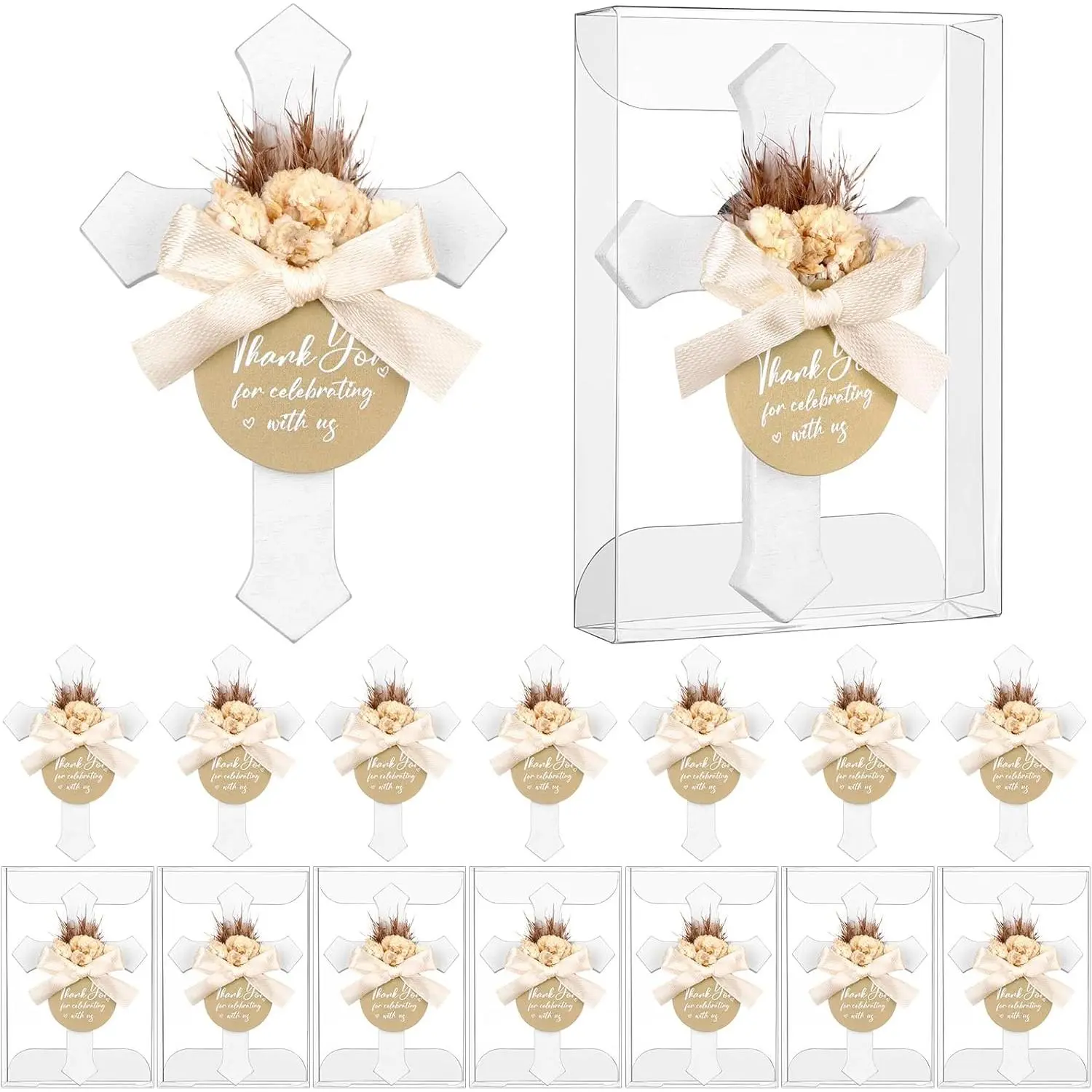 16-Set Wooden Cross Magnets, Christian Faith-Based Religious Gifts with Floral Decor, Tag Box, Flower Bag for Baptism, First Communion Party Favors & Home Decor, Faith Based Gift
