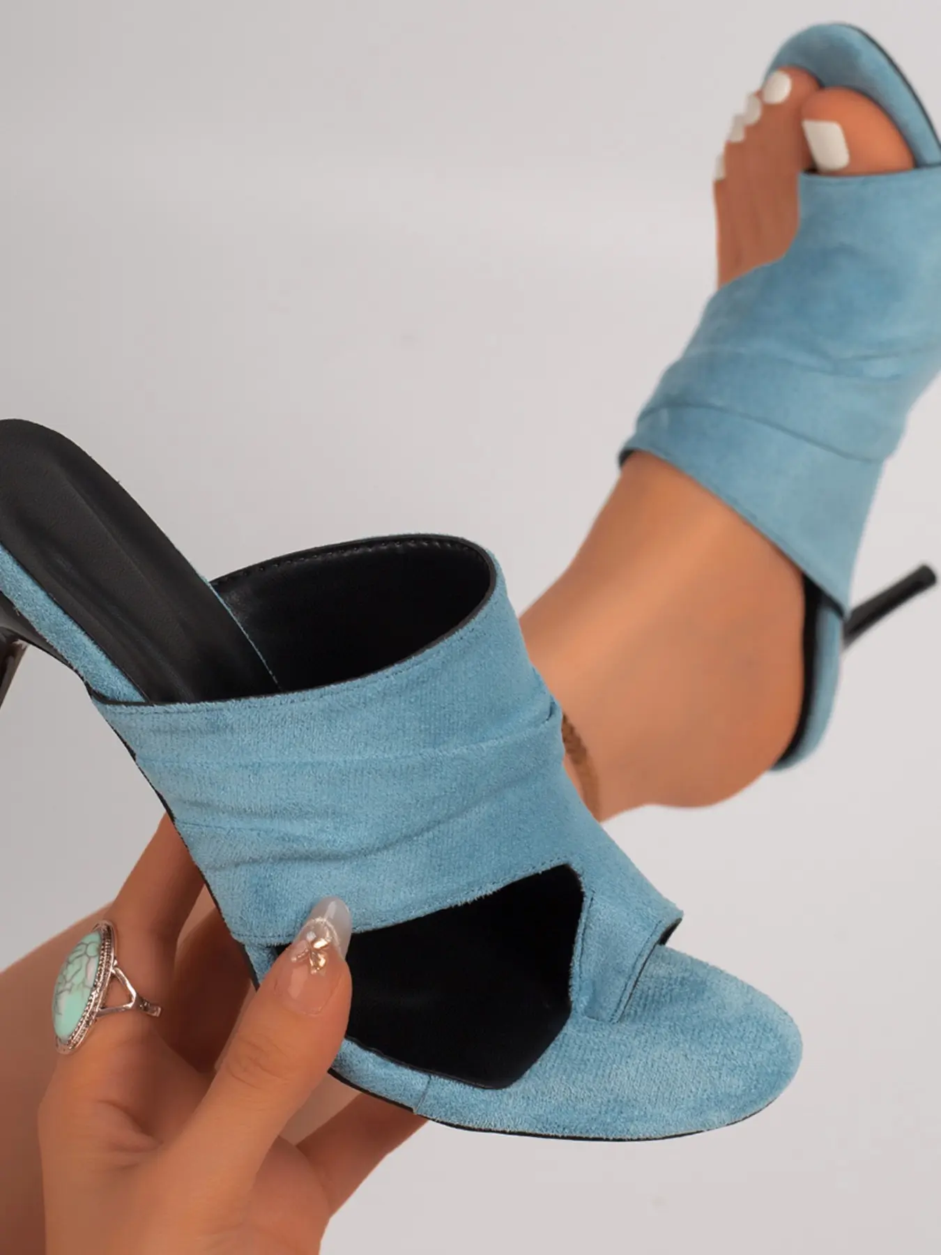 Women's Synthetic Leather Slip-On Heeled Mules, Square Toe Open-Toe Folded Upper High-Heel Sandals, Elegant Party Evening Shoes