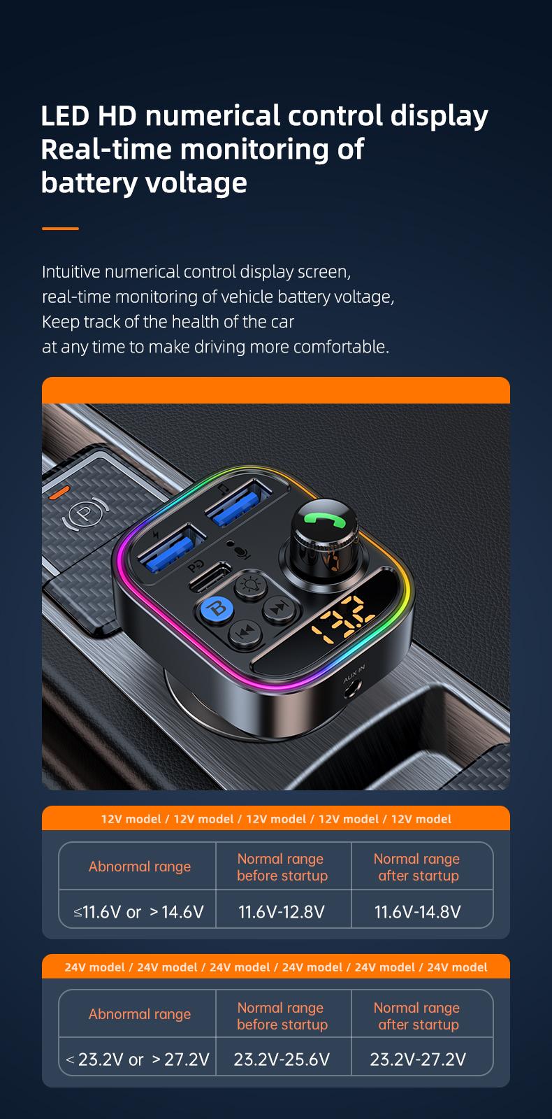 Wireless Bluetooth Car Adapter Bluetooth 5.3 FM Transmitter AUX Radio Receiver MP3 Player Handsfree Call Type-C USB  Car charger