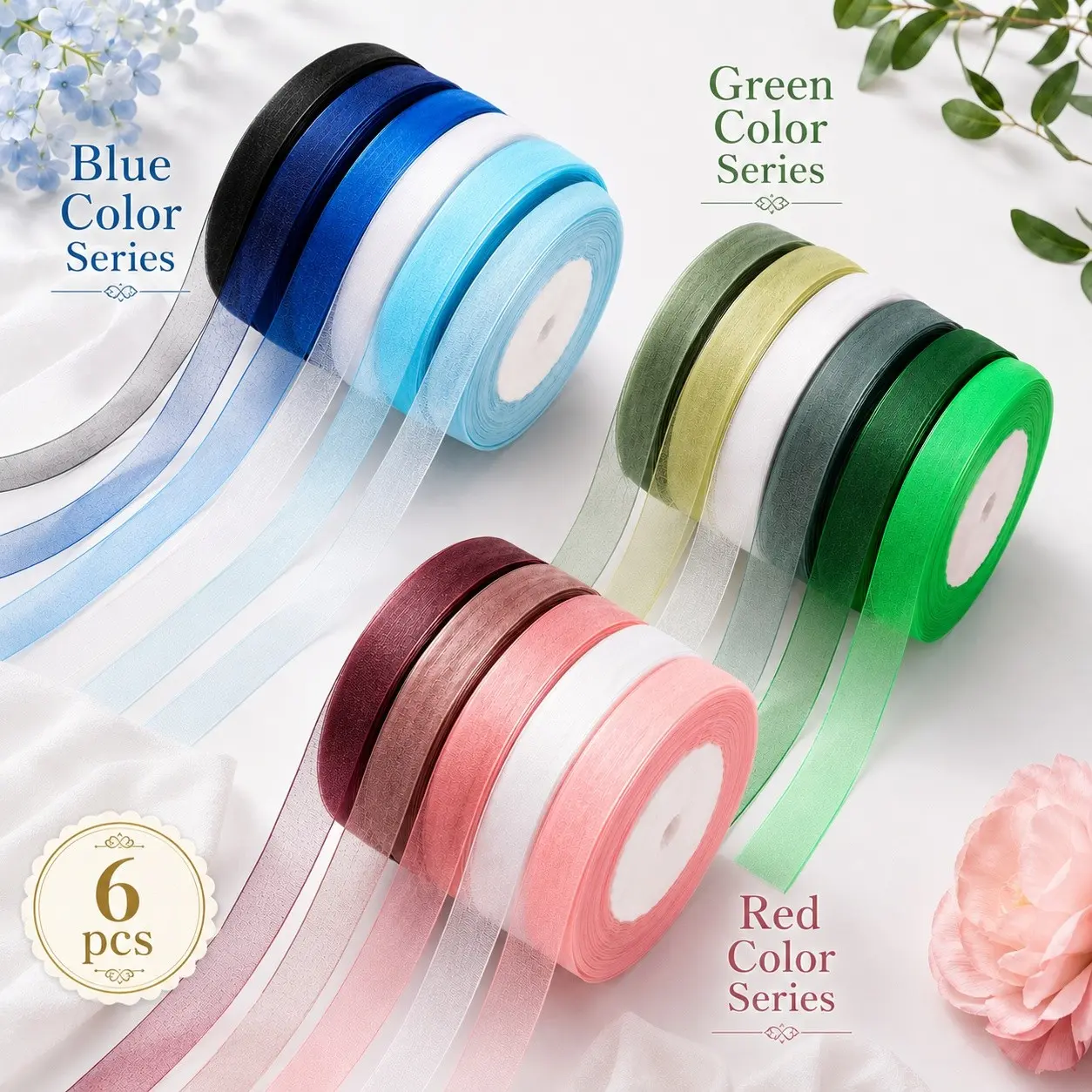 6 Rolls Organza Ribbon, Transparent Chiffon Ribbon, Bulk Pack, Ideal for Packaging, Decoration, Valentine's Day, Wedding, Birthday Bouquets, Wreaths