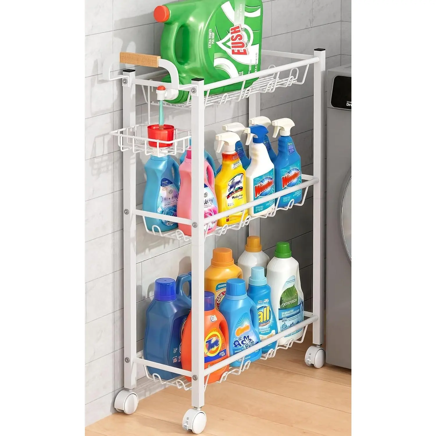 White 3-Tier Narrow Metal Rolling Laundry Room Organiser Cart with Hanging Basket, Top Detergent Holder, Wheels for Washer-Dryer Gap, Household Kitchen Organization and Storage