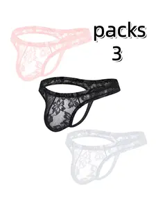 Men's Floral Lace Briefs Set, 3-Pack Breathable Mesh Underwear, Sexy Fitted Design, All-Season Comfort, Summer Fashion
