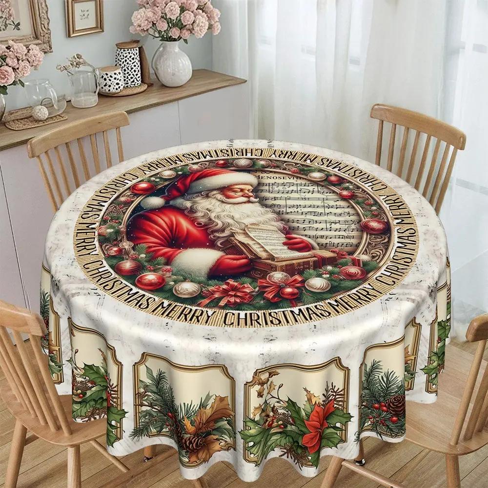 Christmas Retro Newspaper Santa Claus Floral Print Round Tablecloth, Furniture Protector, Party Decor, Hotel Restaurant Home Use