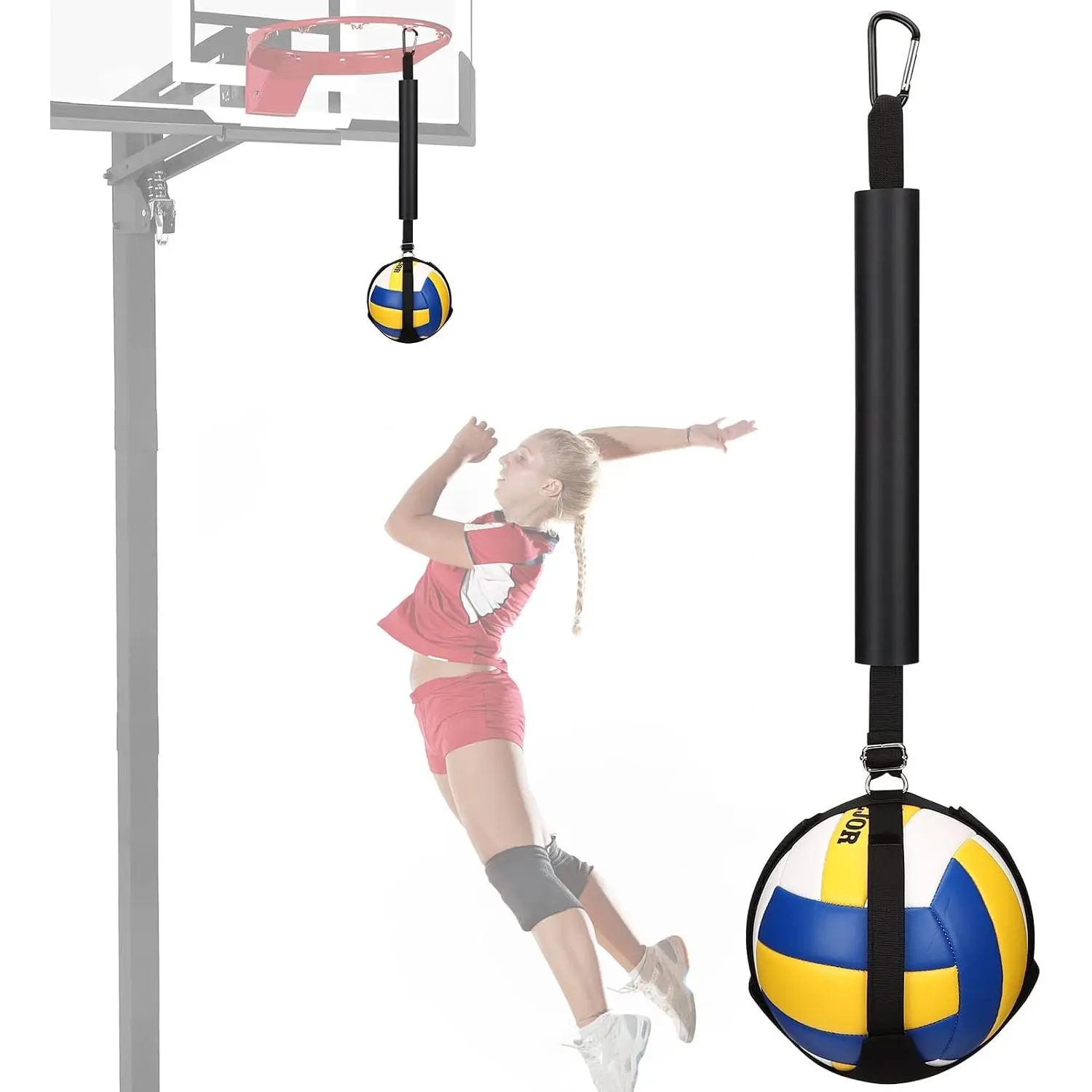 Volleyball Spike Trainer with Bottom Holder, Length Adjustable| Improves Serving, Jumping, Arm Swing Mechanics and Spiking Power, Solo Practice Volleyball Spiking Pal, For Basketball Hoop,white