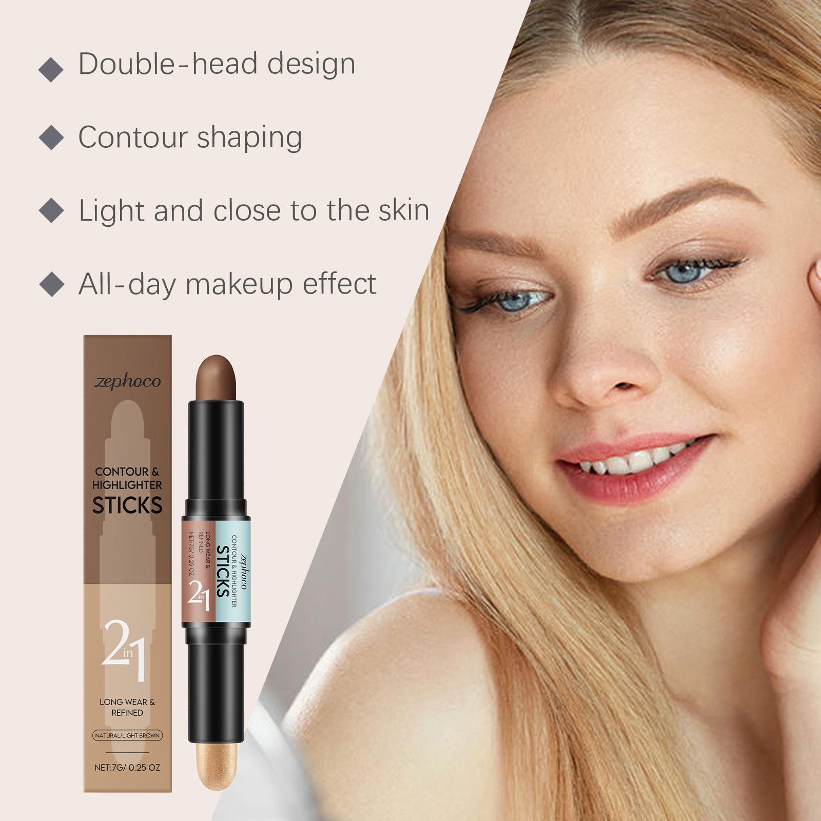 zephoco Natural Color + Light Brown 2-in-1 Contour and Highlight Stick Convenient Dual-Head Design Contour Highlight Stick