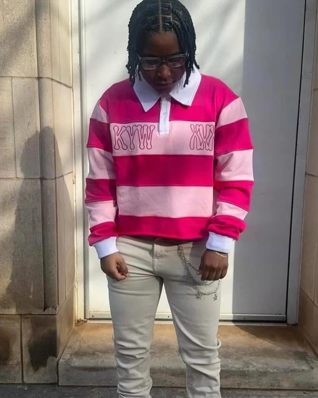 Pink Rugby Polo Shirts Hip Hop Men Stripe Print Lapel Neck Shirt
