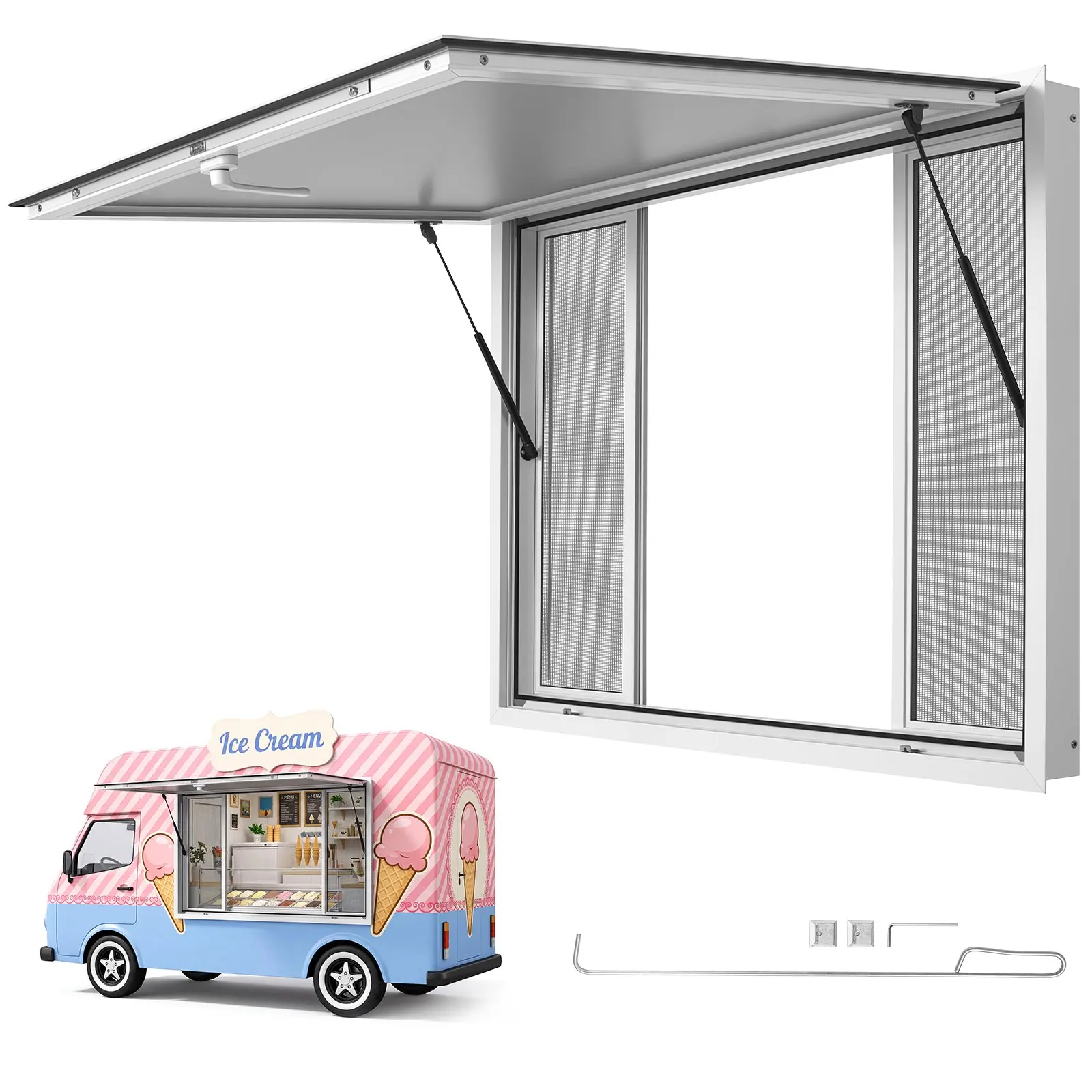VEVOR 48x36 in Rectangular Aluminum Alloy Frame Concession Window, Food Truck Part with 4 Sliding Screens, Rainproof Awning Door, Drag Hook, 85-Degree Stand Serving & Rainwater Resistant