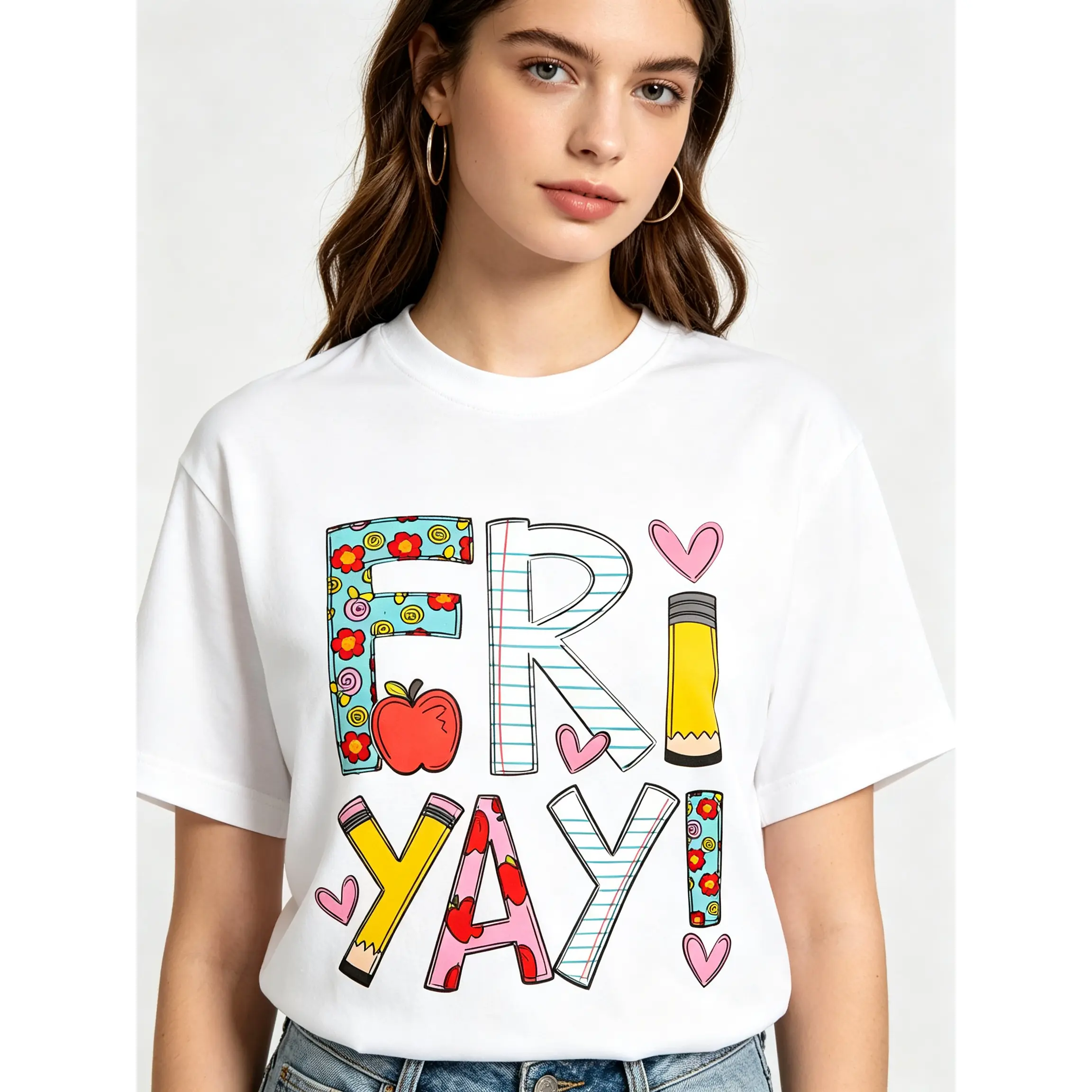 Fri Yay Back To School Shirt Cute Teacher Graphic Tee Pencil Apple School Spirit T Shirt Classroom Outfit Student Gift Unisex Casual Tee