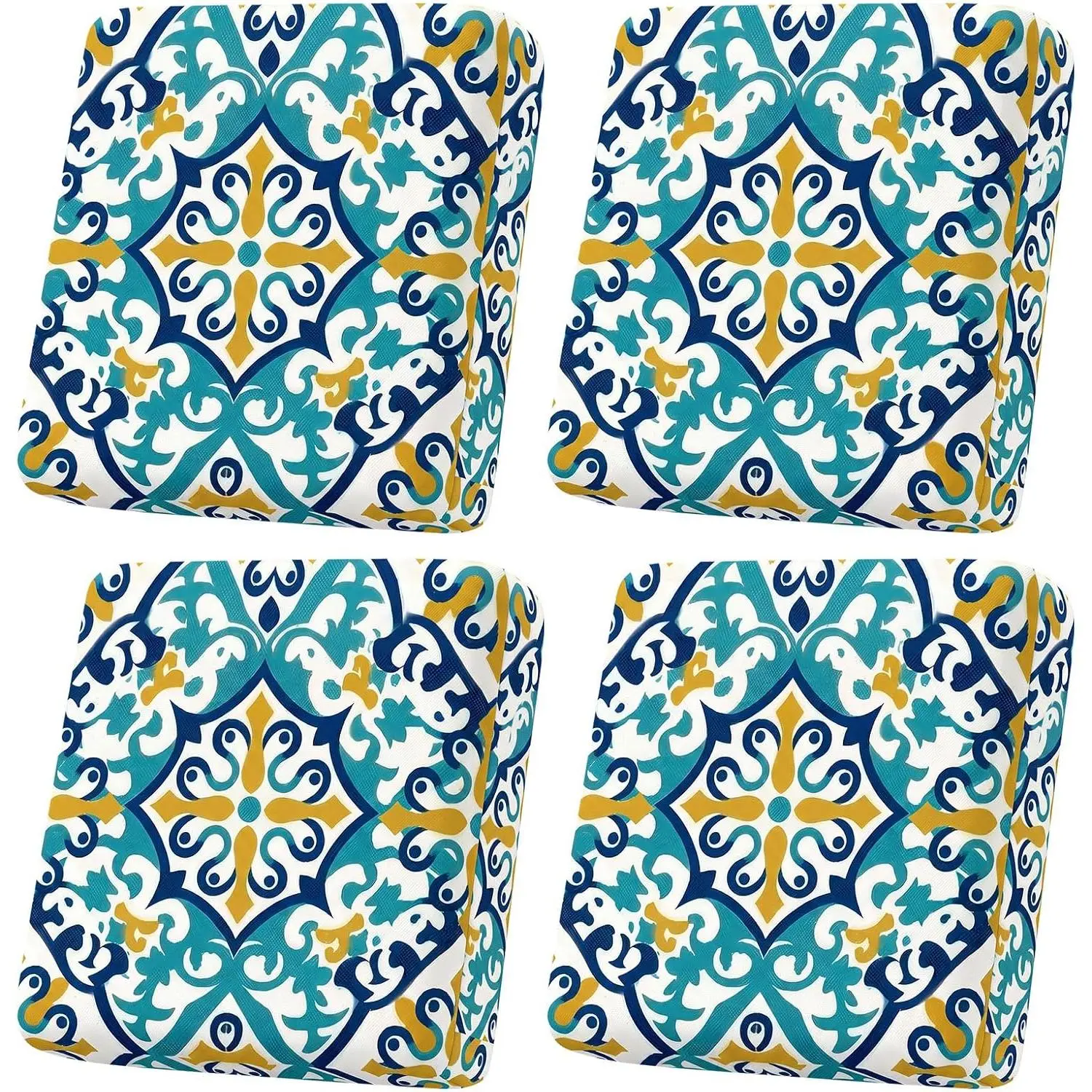 Stretch Cushion Cover with Ties, Waterproof Floral Couch Cushion Slipcover, Furniture Protector for Sofa Chair, Washable Cover(4 Pcs,Blue and Yellow Print)