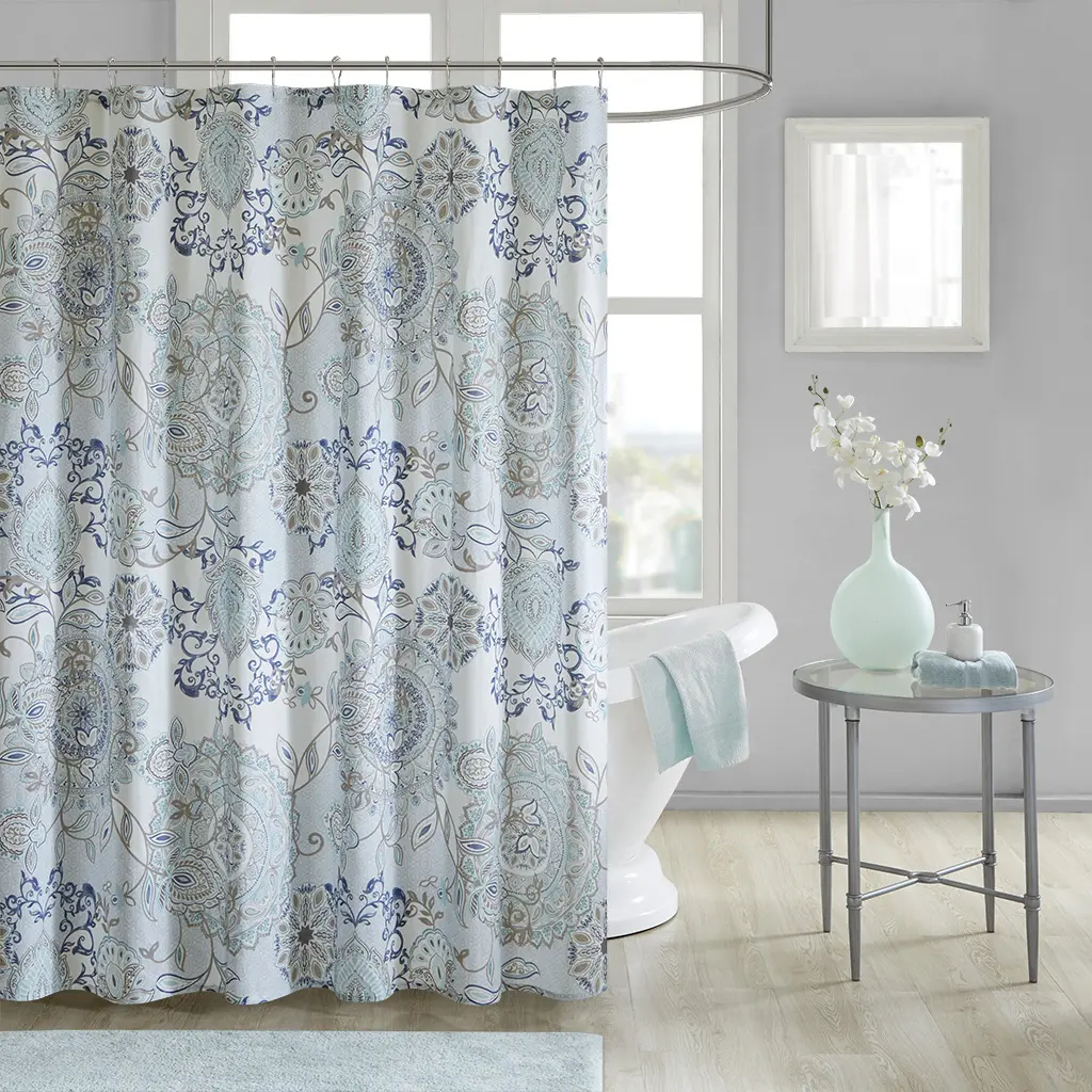Nokaa Printed Cotton Shower Curtain 72x72 Inch Standard Size, Soft Cotton Fabric Bathroom Curtain with Watercolor Floral Medallion Print, Oeko-Tex Certified, Machine Washable, for Bathtub Shower, Blue