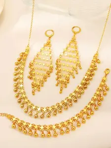 Dubai Beaded Fringe Gold Plated Wedding Jewelry Set, 21k Gold Layered Ethiopian Bridal Necklace Earrings Bracelet, Middle East African Party Jewelry