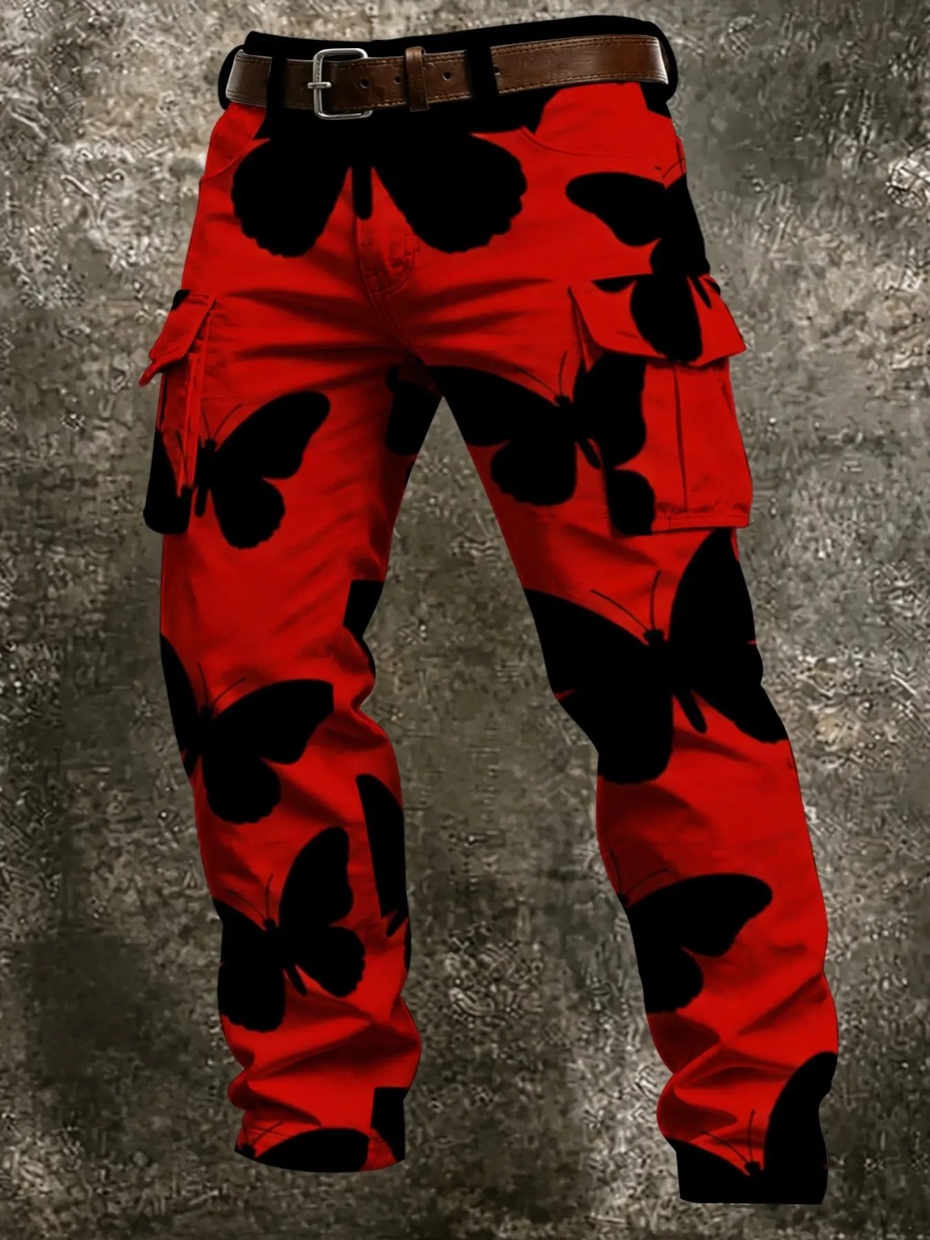 Trendy Butterfly Shadow Functional Workwear Pants, Butterfly Prints, Pockets, Vintage Style, Fall & Winter, Casual Long Pants