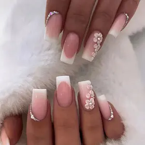24Pcs Set Medium Long Square Press On Nails French Tip Nude Ombre 3D Flower Rhinestone Clean Girl Aesthetic For Wedding Prom For Women