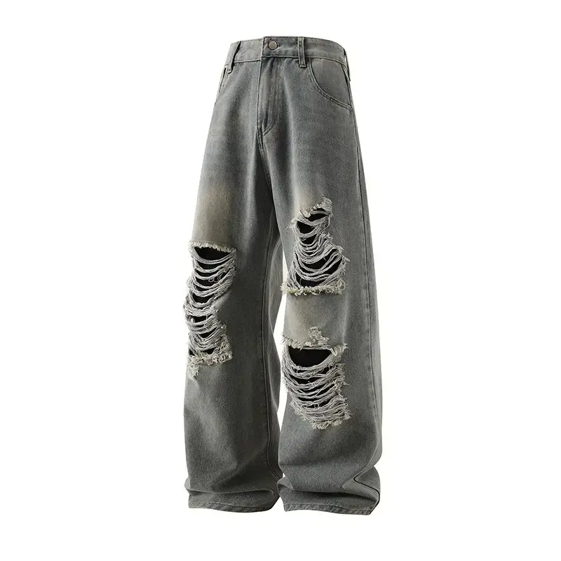 Washed Vintage Distressed Patchwork Loose Straight Leg High Street Fashion Casual Versatile Jeans
