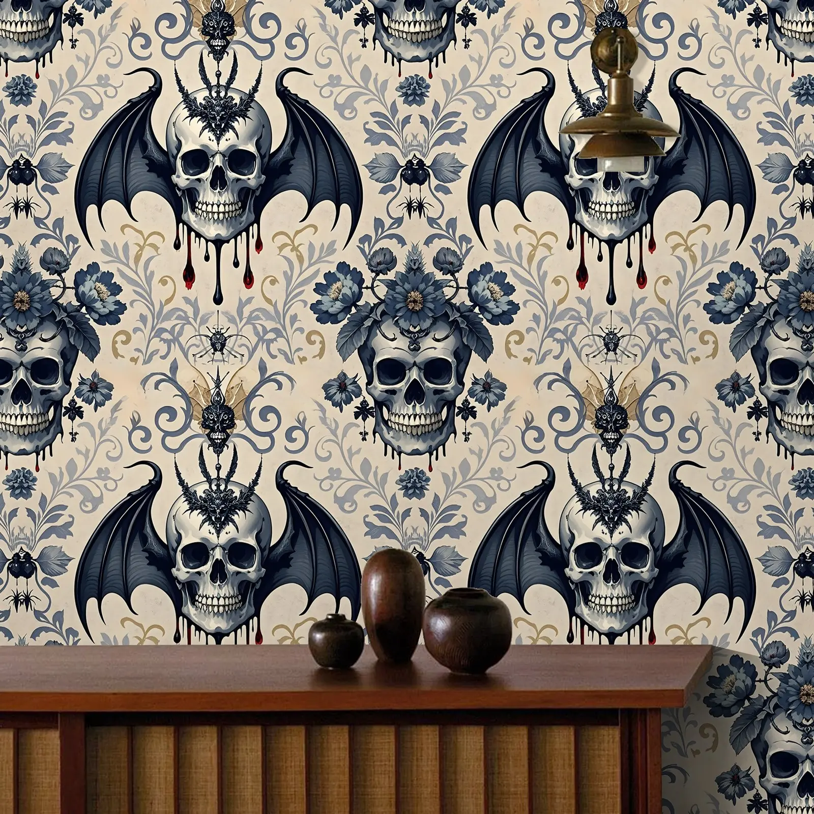 Self-Adhesive Bat Wing Skull Wallpaper, Halloween Decor, Removable Wall Paper, Home Decoration, Living Room, Bedroom, Kitchen Renovation