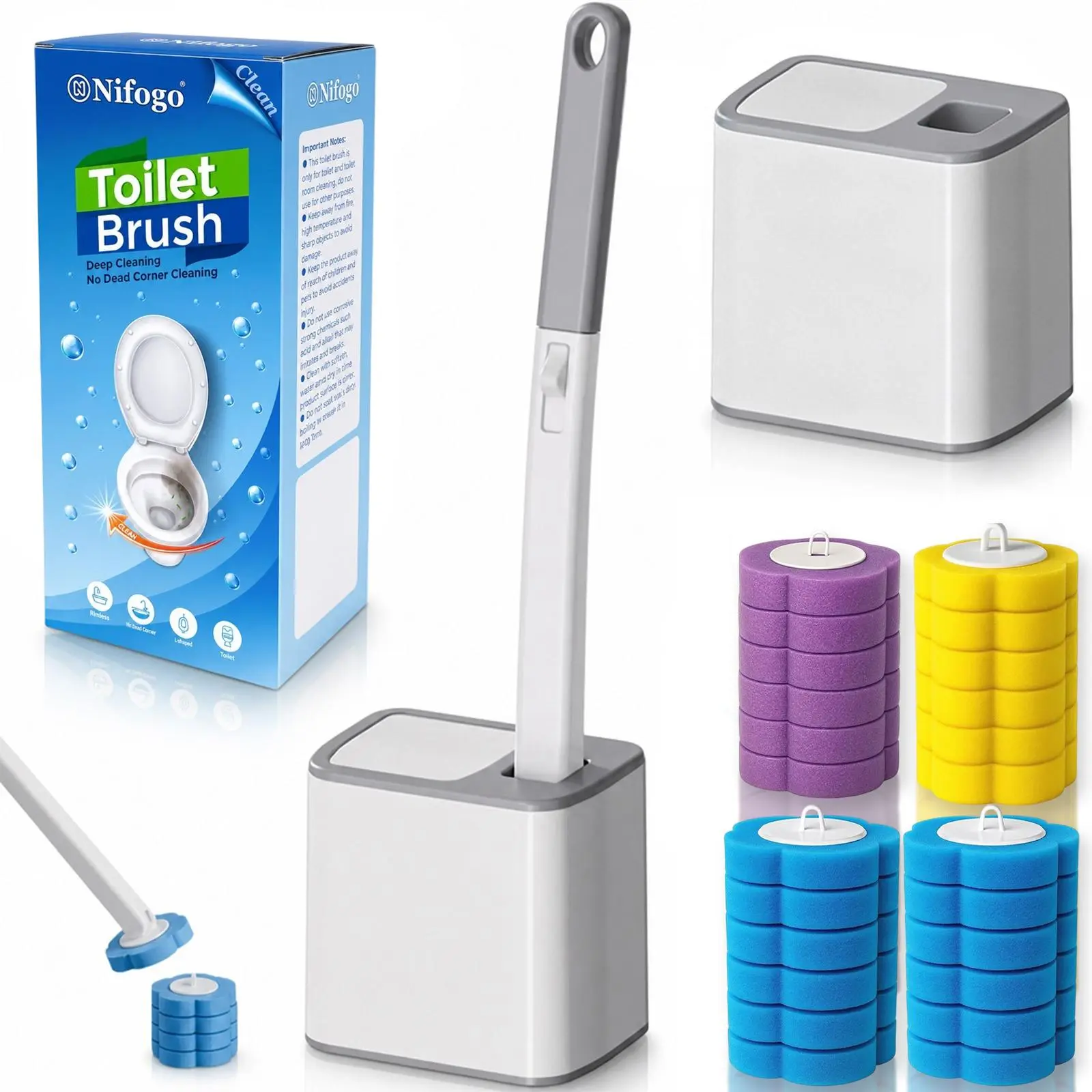 Durable Wall-Mounting Disposable Toilet Brush Scrubber Bowl Caddy Set, Ergonomic Wand with 24 Refill Sets, Multi-Purpose Tool for Car Interior Accessories Decoration, Bathtub, Sink