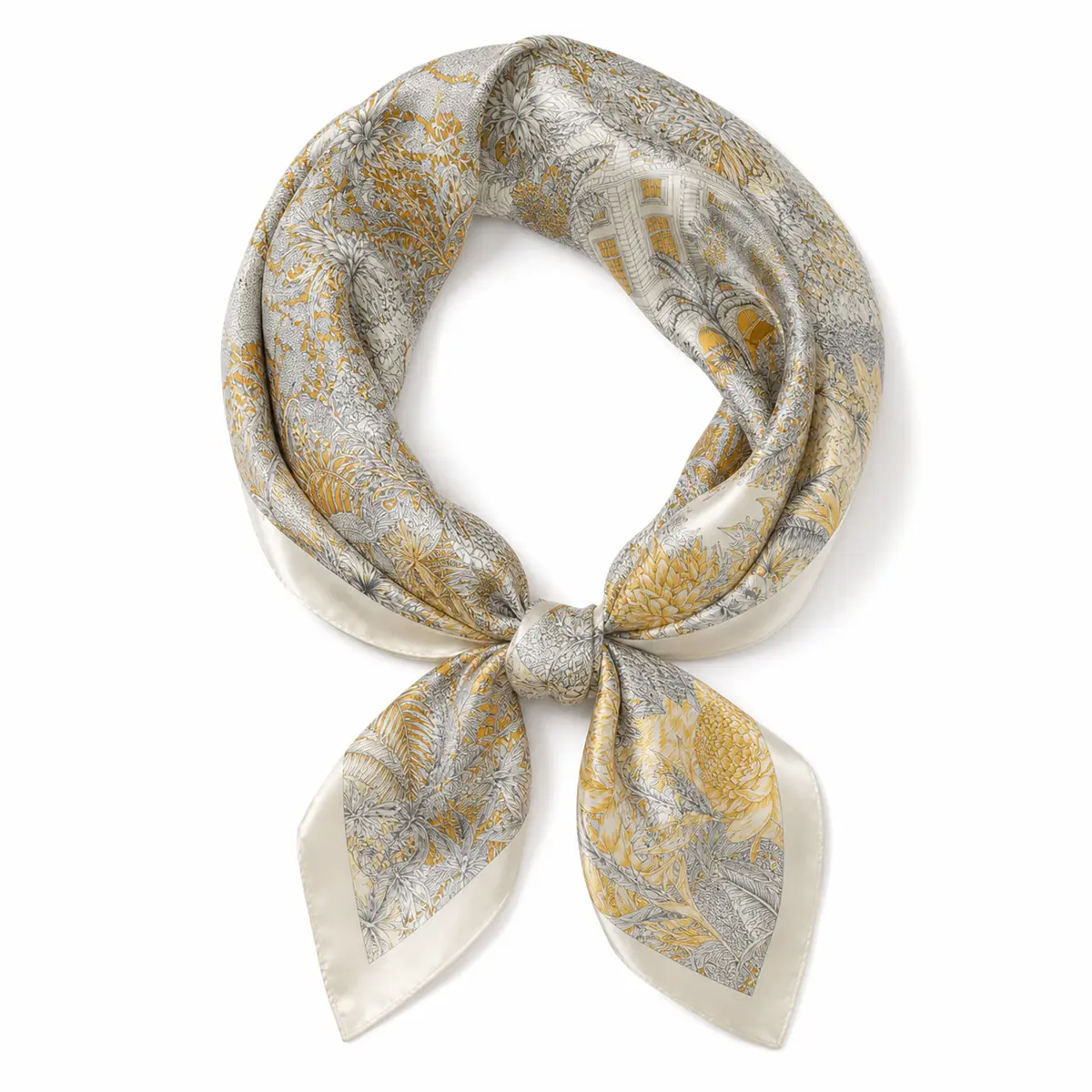 100% Mulberry Silk Scarf for Women, Large Square Botanical Floral Print Neckerchief with Soft Luster, Lightweight Shawl for Everyday Use, Female Wear