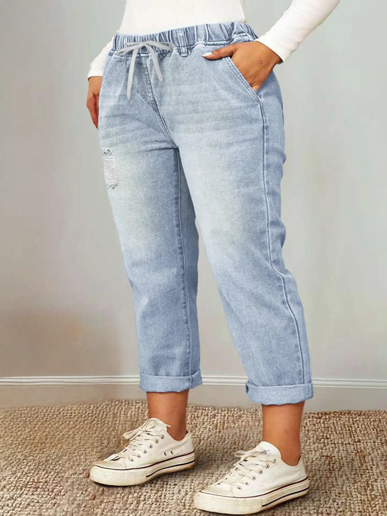 Plus Size Light Wash Denim Jogger Pants, Jeans, Bottoms, Adjustable Elastic Waist Drawstring, Curvy Relaxed Fit, Side Pockets, Casual Loungewear for Women