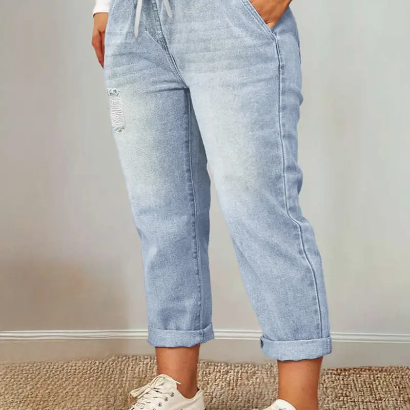 Plus Size Light Wash Denim Jogger Pants, Jeans, Bottoms, Adjustable Elastic Waist Drawstring, Curvy Relaxed Fit, Rolled Cuff, Side Pockets, Casual Loungewear for Women