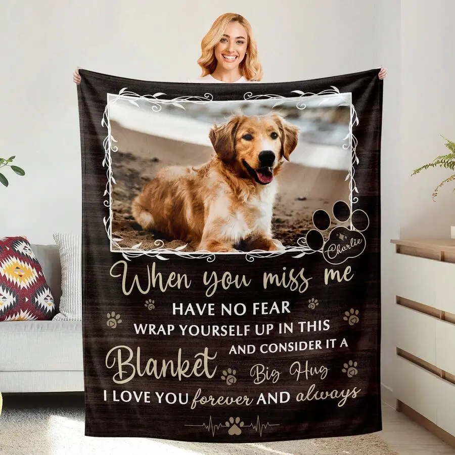 Custom Pet Memorial Flannel Throw, Wooden Background With Pet Photo And Name, Lightweight Air Conditioning Blanket, Loss Of Pet Keepsake Gift, Sympathy Home Decor