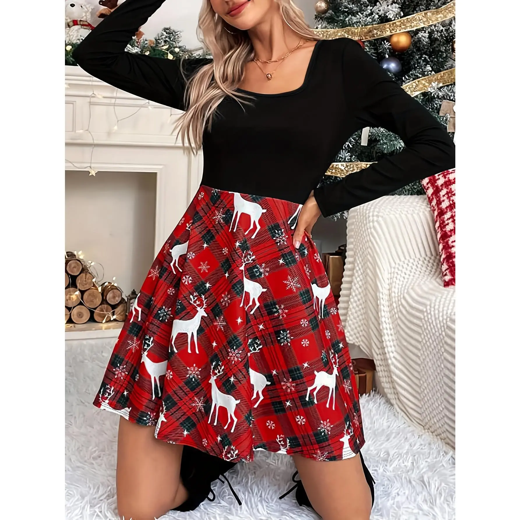 Women's Christmas Patchwork Retro Plaid Party Dress - Long Sleeve Thin Layering Dress with Reindeer & Snowflake Design, Machine Washable Waist Dress for Spring Summer Fall, Adult Holiday Party Attire